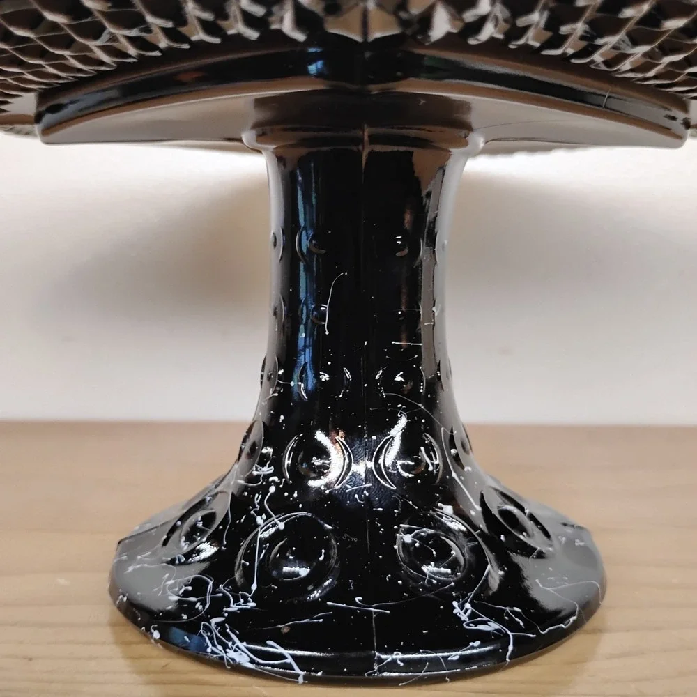 Vintage L E Smith Black Amethyst Glass Square Cake Stand Pedestal‎ White Drizzle